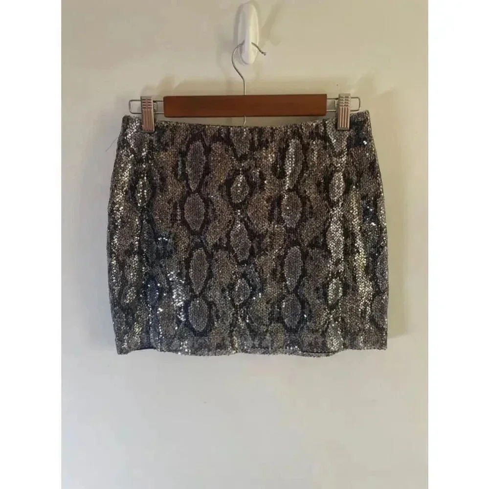 Y2K Express Sequin Snakeskin Pattern Mini Skirt - Black/Gold - Size XS 0289